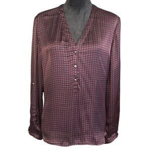 New Directions Womens V-Neck Black & Burgundy Button-Up Blouse Size L